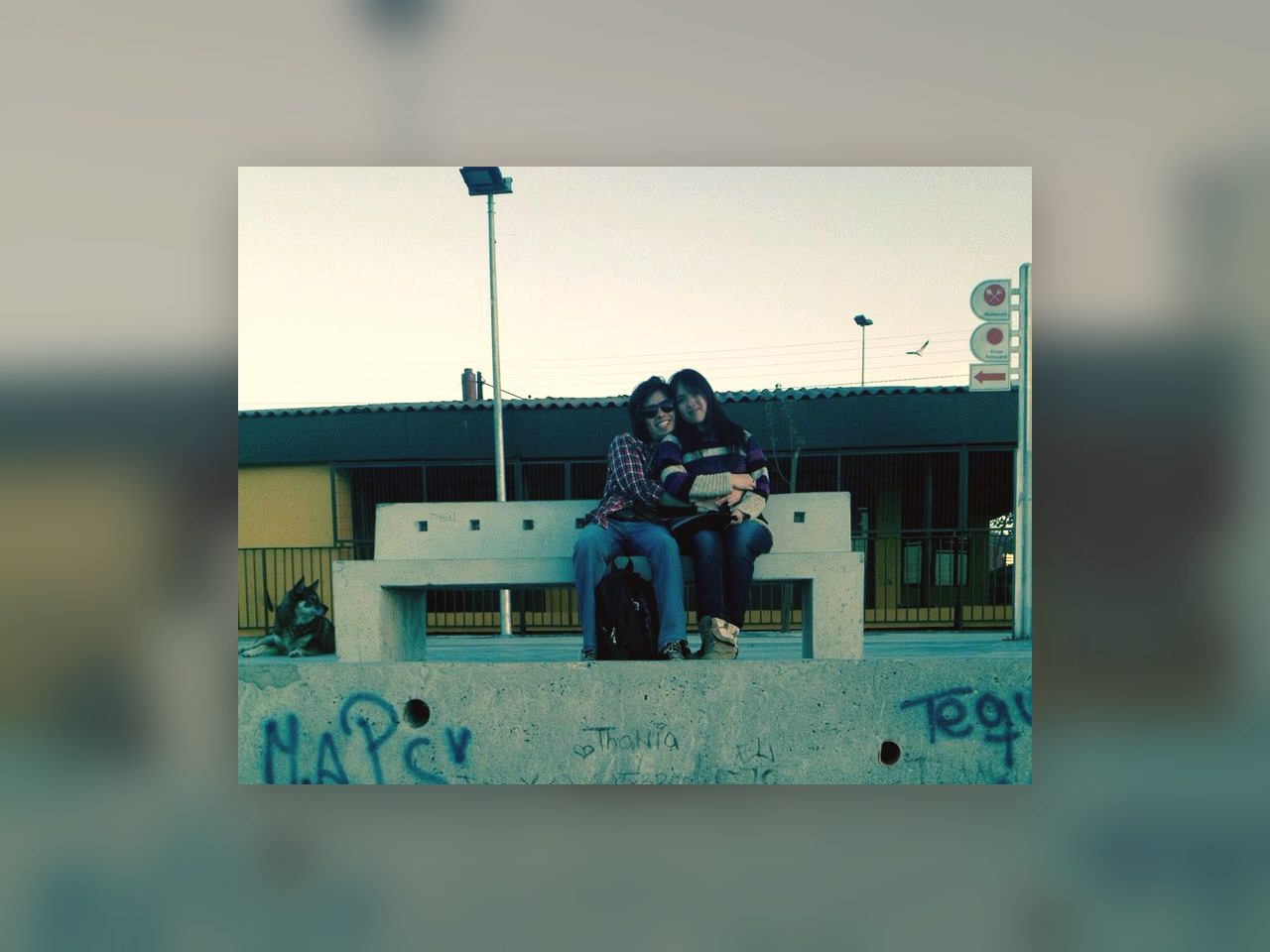 Pareja abrazada sentada en una banca durante los primeros años de su relación.